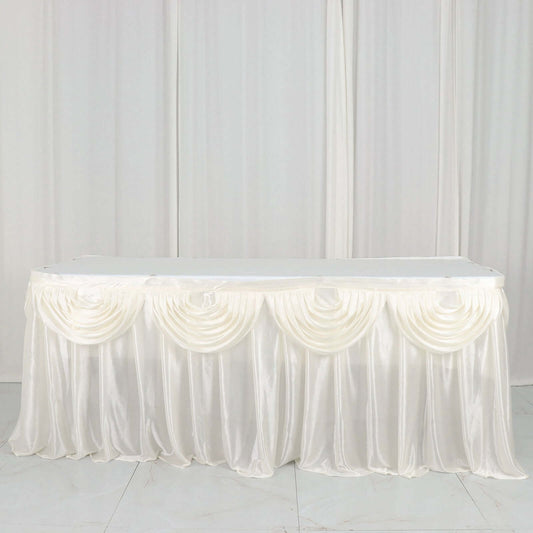 Ivory Pleated Satin Double Drape Table Skirt 14ft
