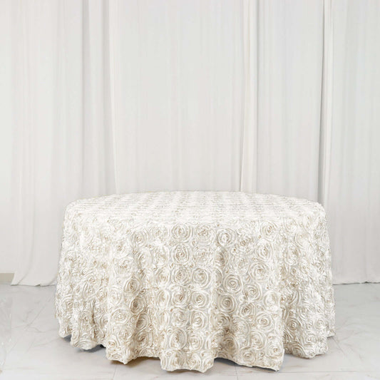 Ivory Seamless Grandiose 3D Rosette Satin Round Tablecloth 120"