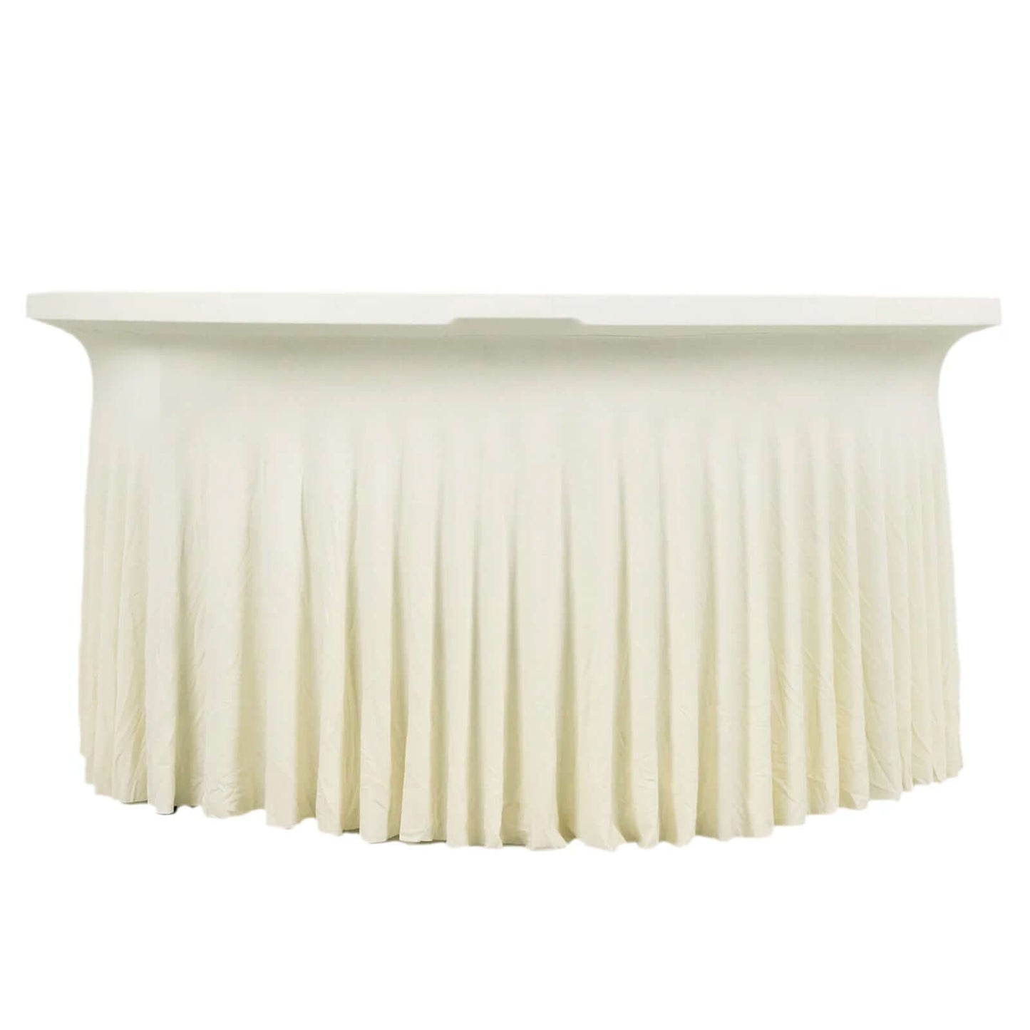 6ft Ivory Wavy Spandex Fitted Round 1-Piece Tablecloth Table Skirt, Stretchy Table Cover with Ruffles