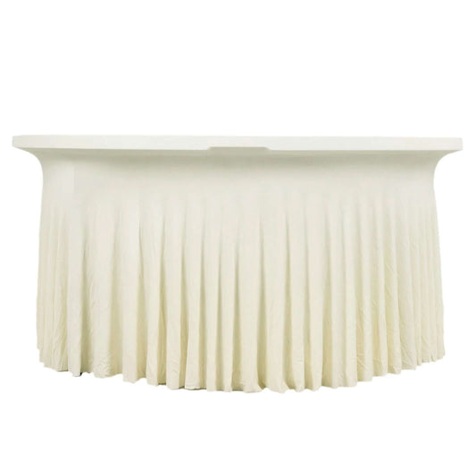 6ft Ivory Wavy Spandex Fitted Round 1-Piece Tablecloth Table Skirt, Stretchy Table Cover with Ruffles