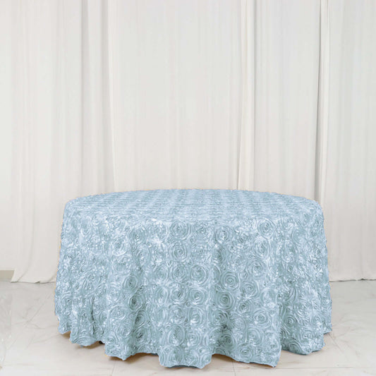 Light Blue Seamless Grandiose 3D Rosette Satin Round Tablecloth 120"