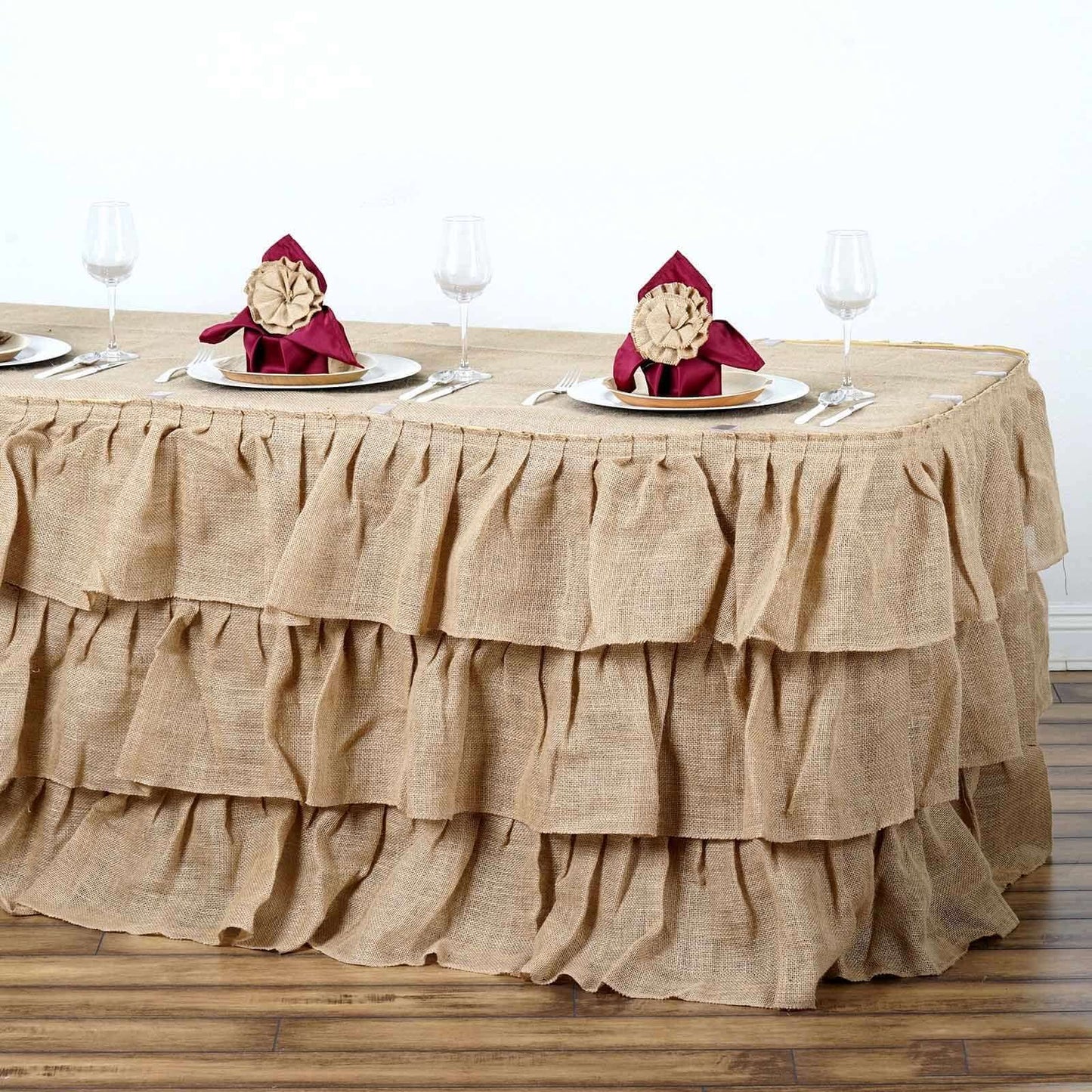 Natural 3 Tier Rustic Elegant Ruffled Burlap Table Skirt 14ft