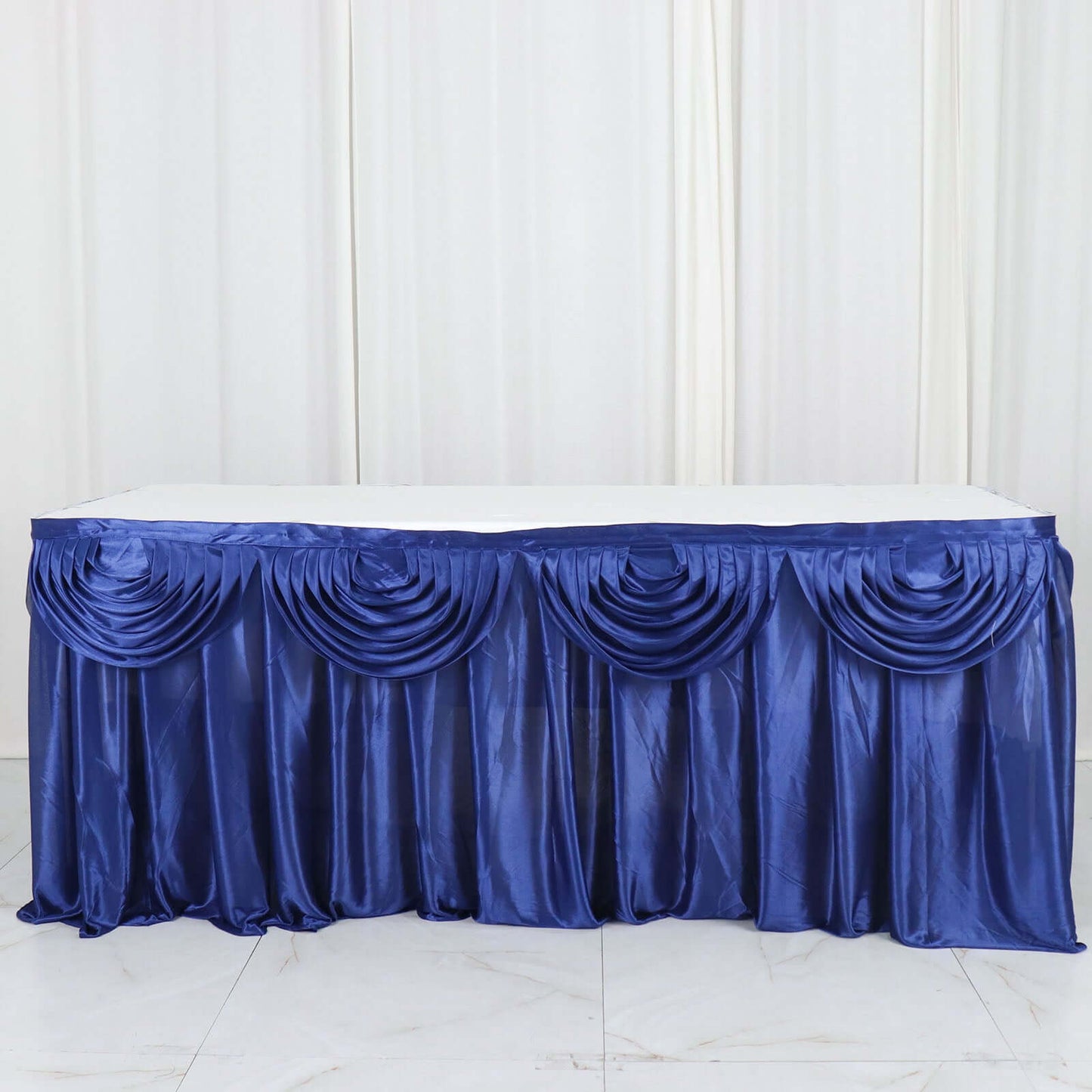 Navy Blue Pleated Satin Double Drape Table Skirt 14ft