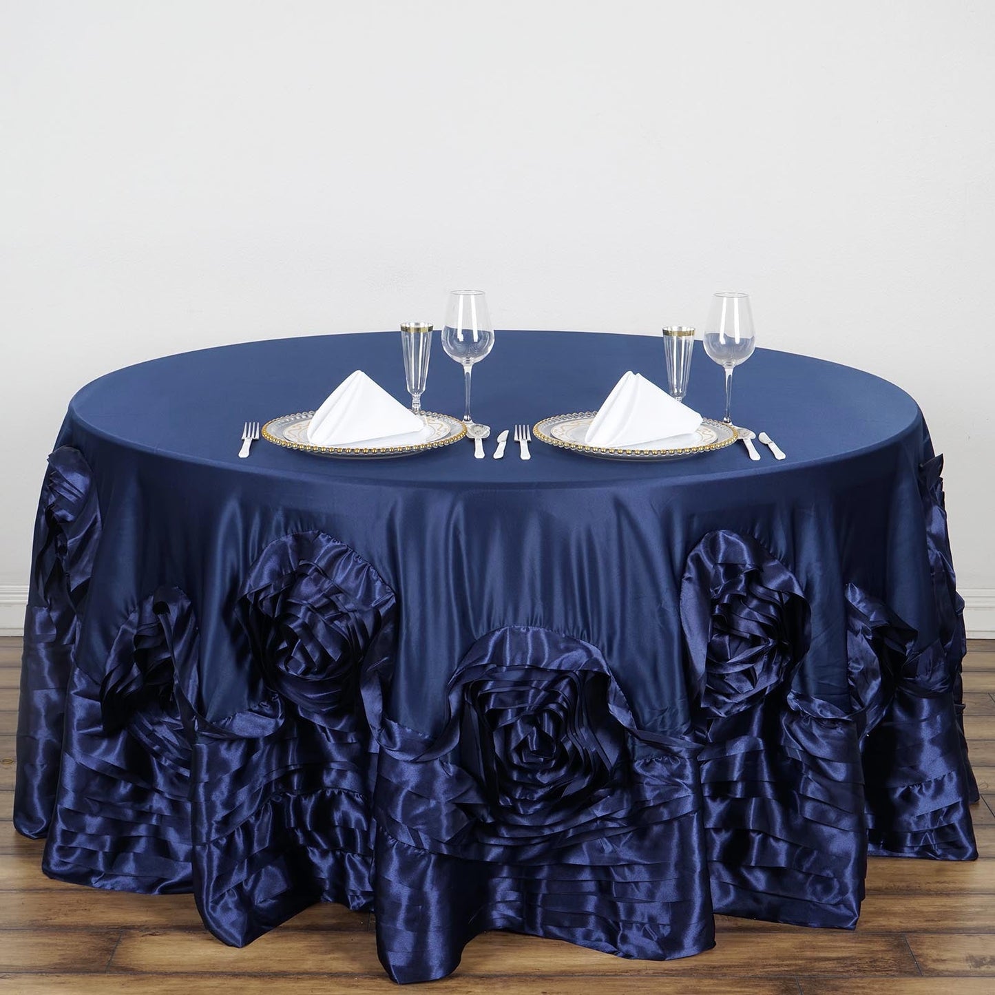 Navy Blue Seamless Large Rosette Round Lamour Satin Tablecloth 120"