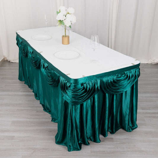 Peacock Teal Pleated Satin Double Drape Table Skirt 14ft