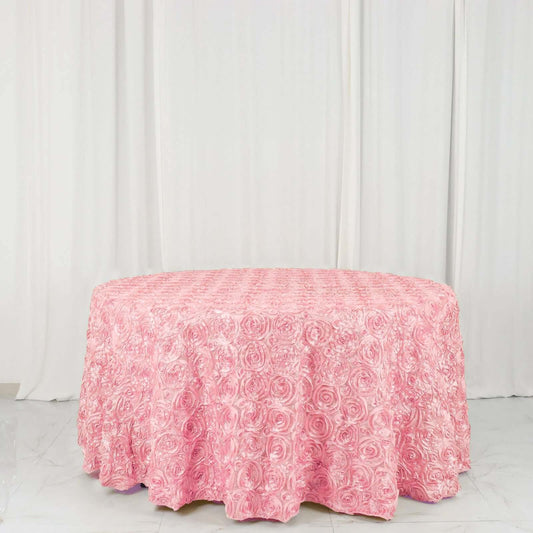 Pink Seamless Grandiose 3D Rosette Satin Round Tablecloth 120"
