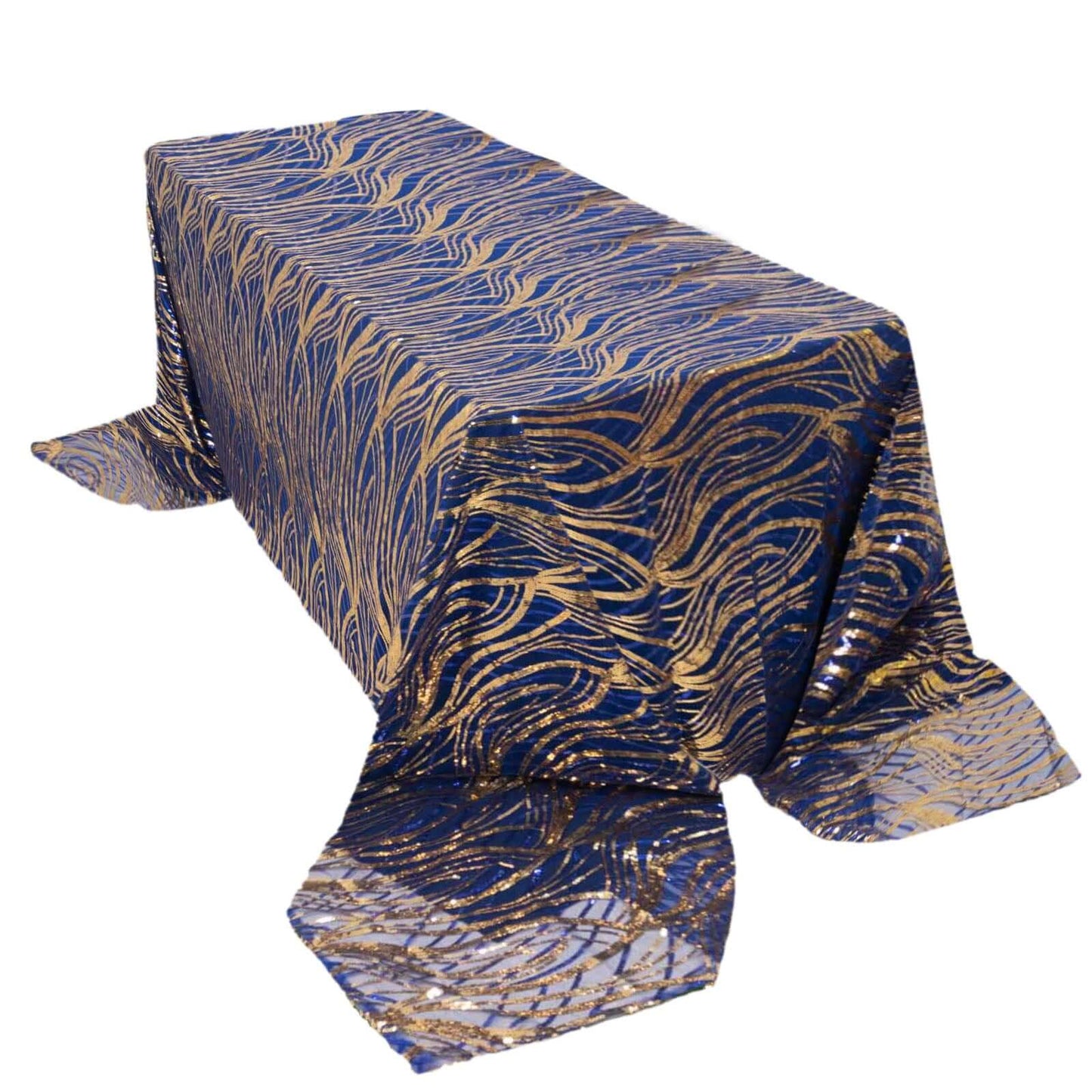 90"x156" Royal Blue Gold Wave Mesh Rectangular Tablecloth With Embroidered Sequins