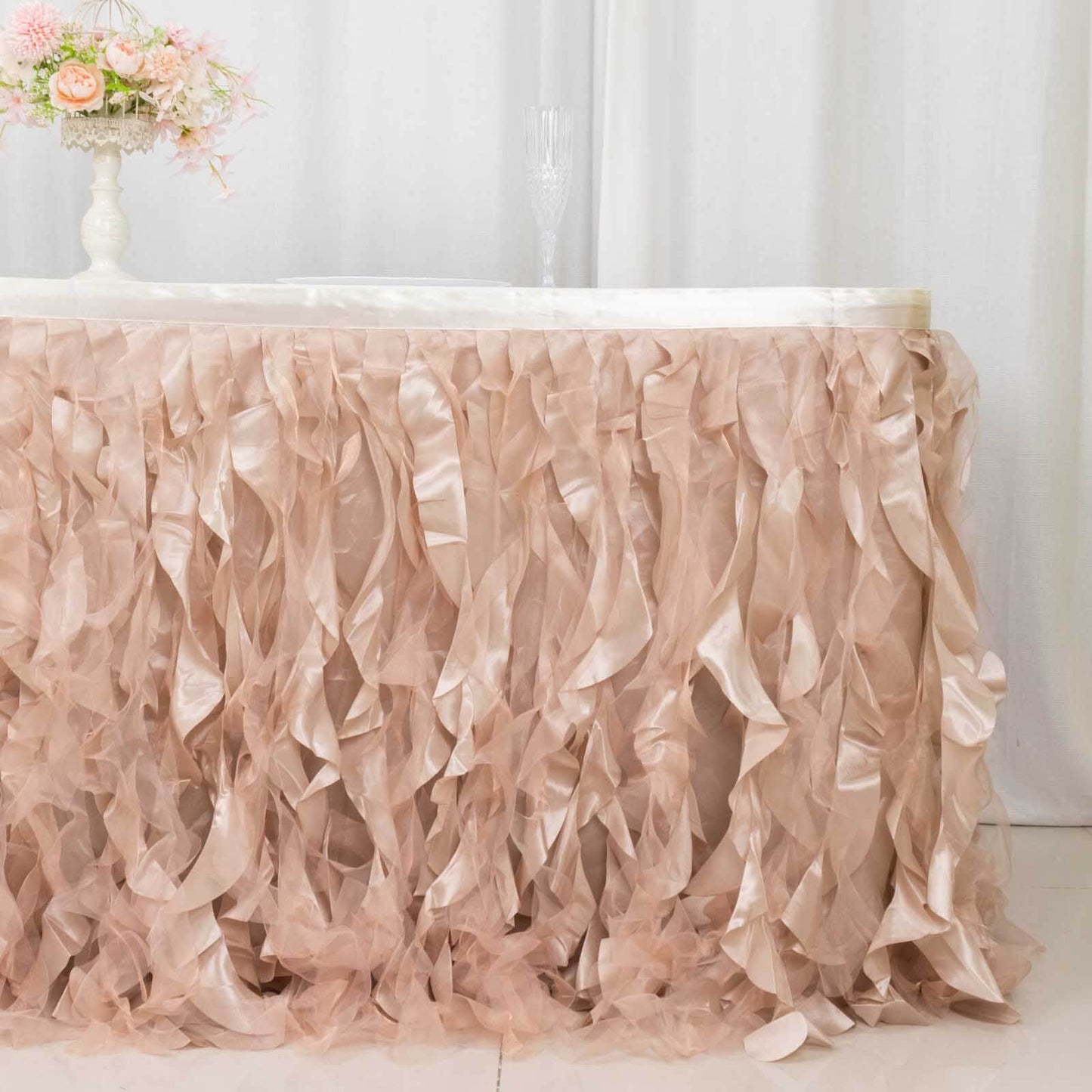 14ft Nude Curly Willow Taffeta Table Skirt