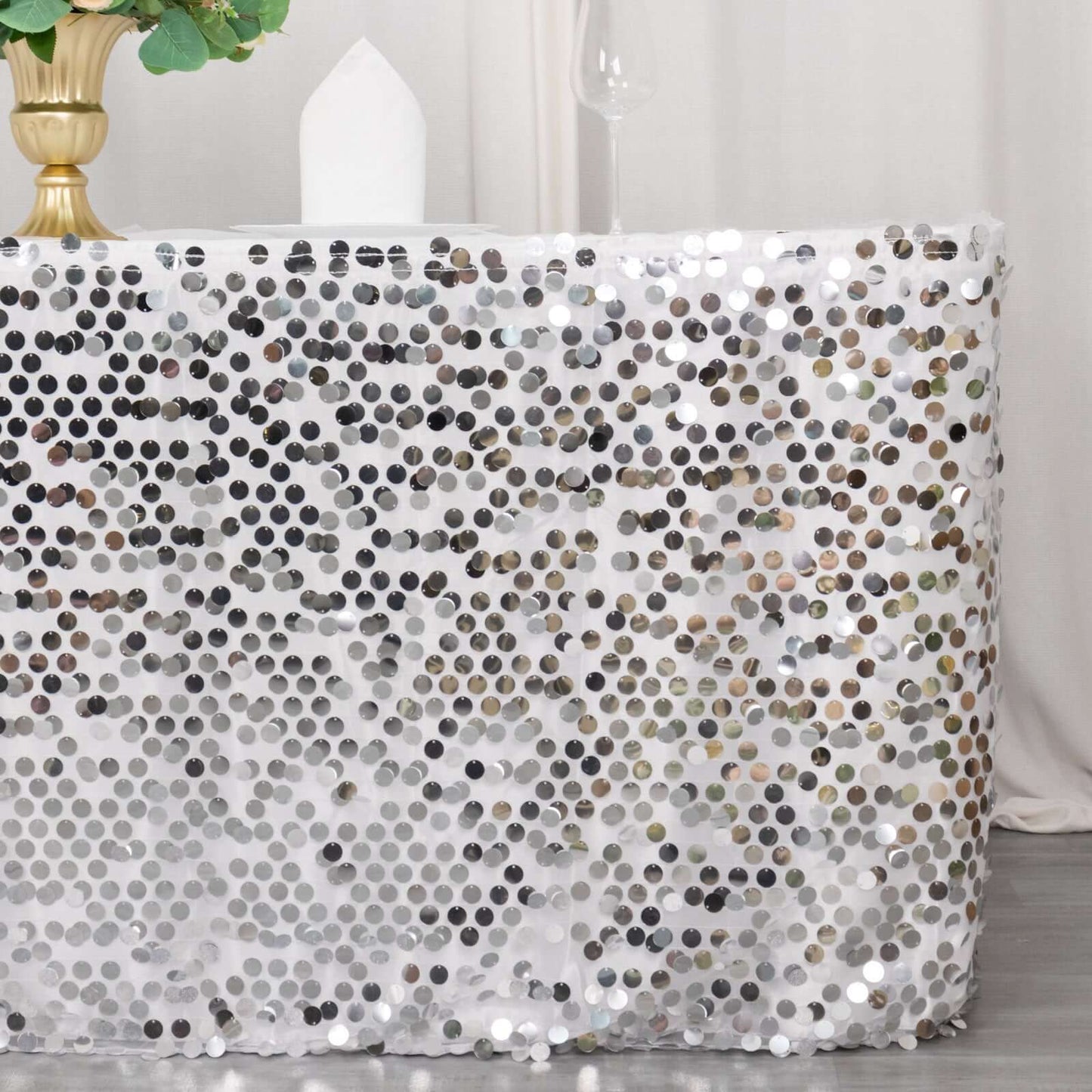Silver Premium Big Payette Sequin Dual Layered Satin Table Skirt 21ft