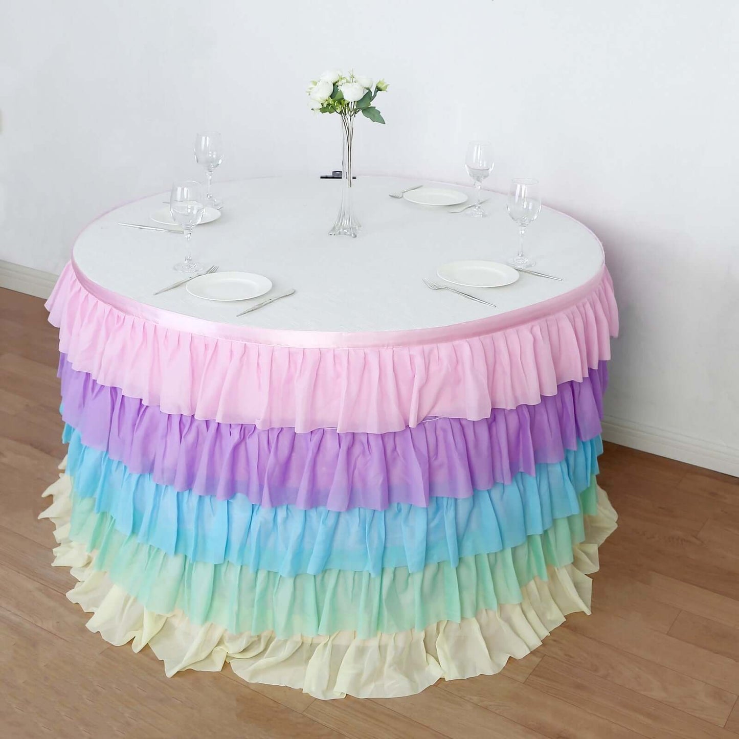 14ft Rainbow Chiffon Ruffled Tutu Table Skirt with Satin Backing, 5-Tier Gradient Unicorn Themed Table Skirting