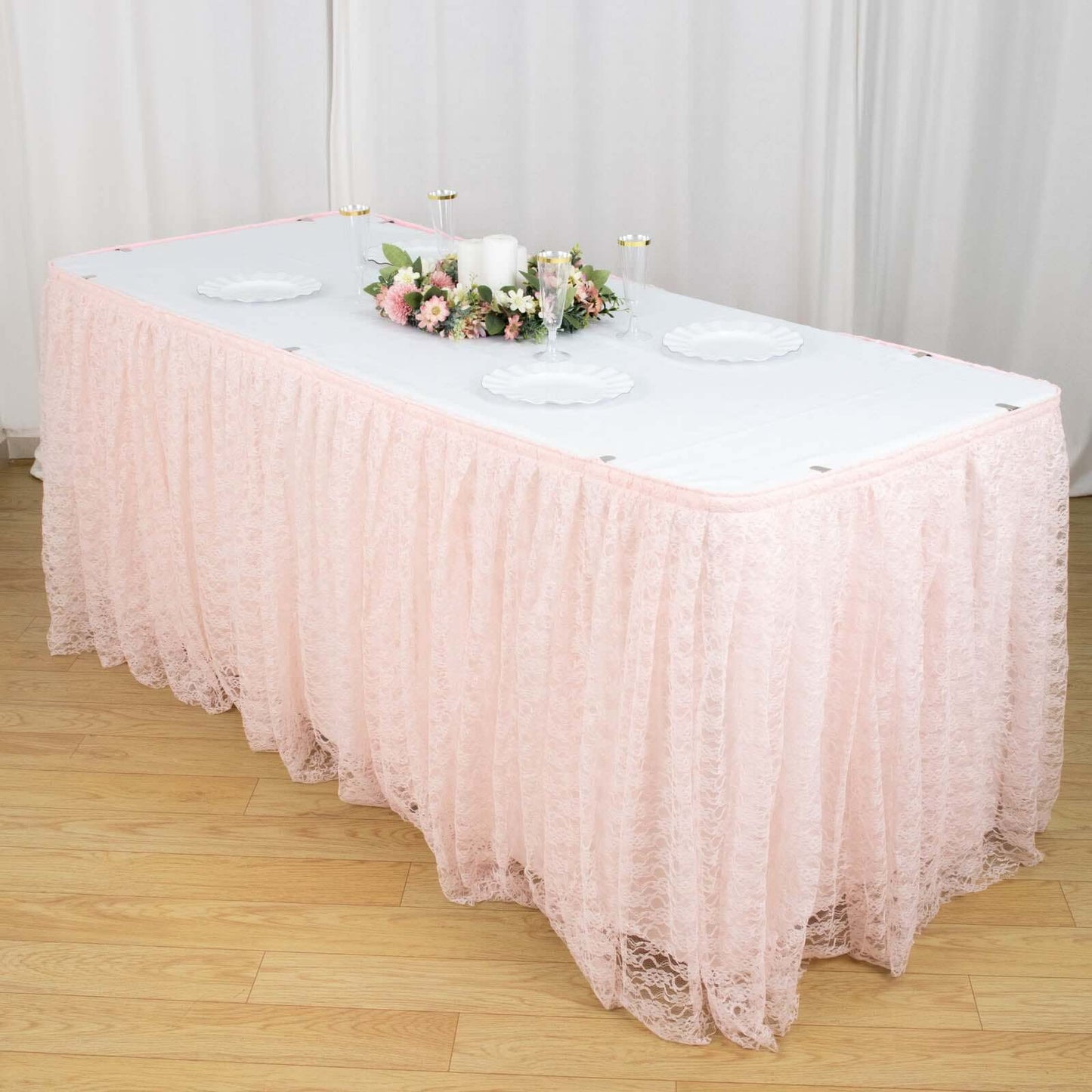 Blush Premium Pleated Lace Table Skirt 21ft