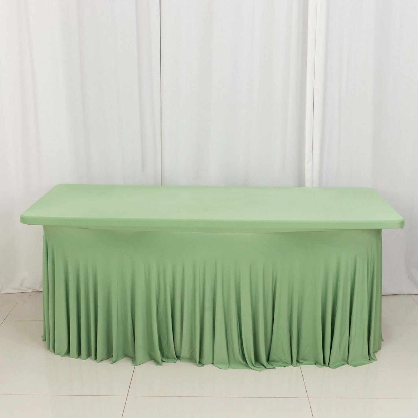 Sage Green Wavy Spandex Fitted Rectangle 1-Piece Tablecloth Table Skirt, Stretchy Table Skirt Cover with Ruffles 6ft