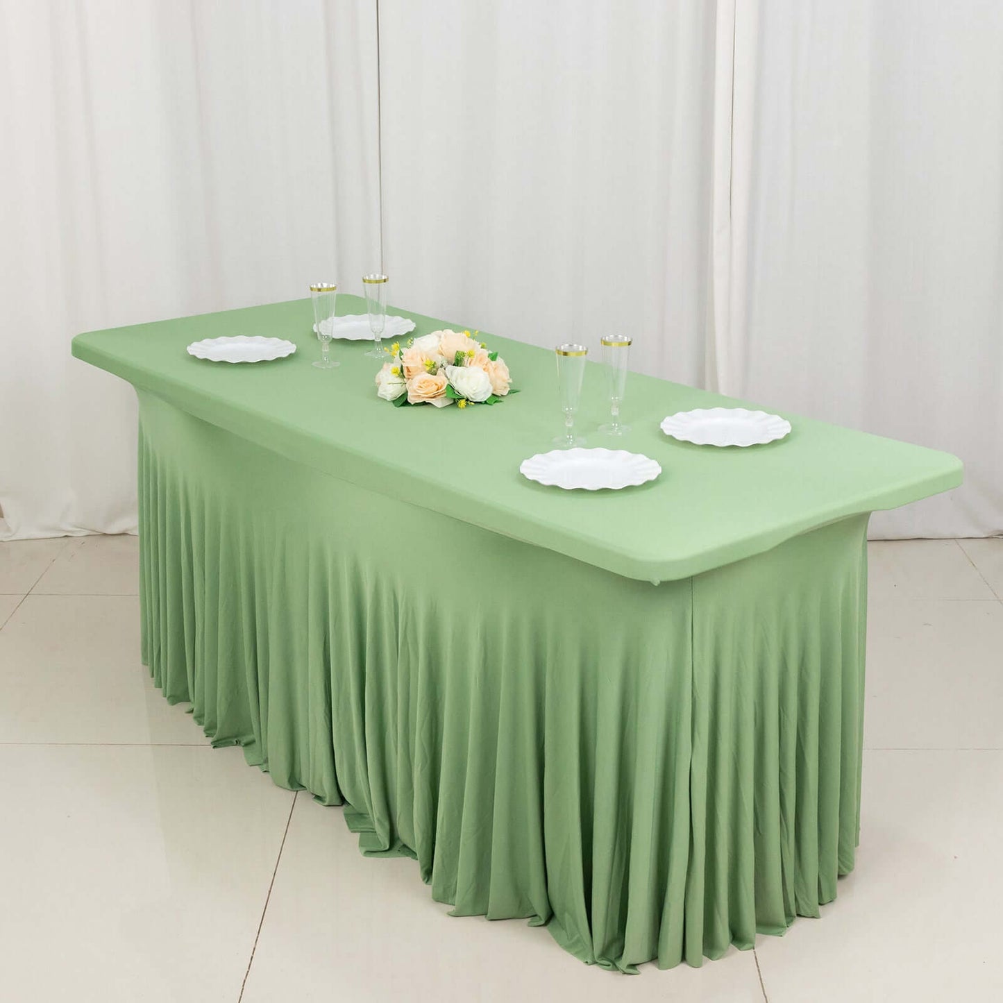 Sage Green Wavy Spandex Fitted Rectangle 1-Piece Tablecloth Table Skirt, Stretchy Table Skirt Cover with Ruffles 6ft
