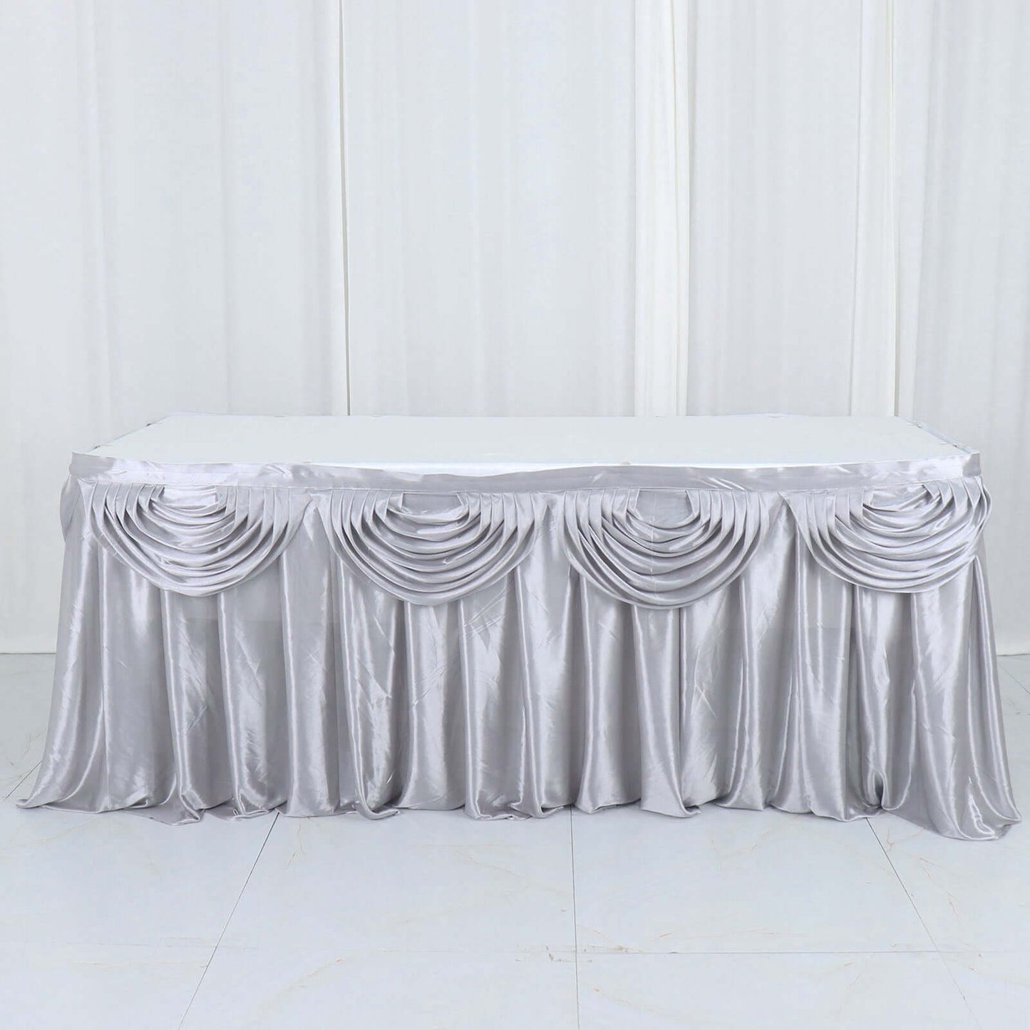 Silver Pleated Satin Double Drape Table Skirt 14ft