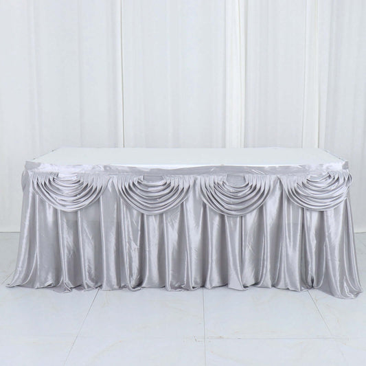 Silver Pleated Satin Double Drape Table Skirt 14ft