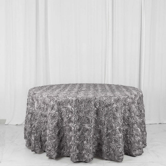 Silver Seamless Grandiose 3D Rosette Satin Round Tablecloth 120"
