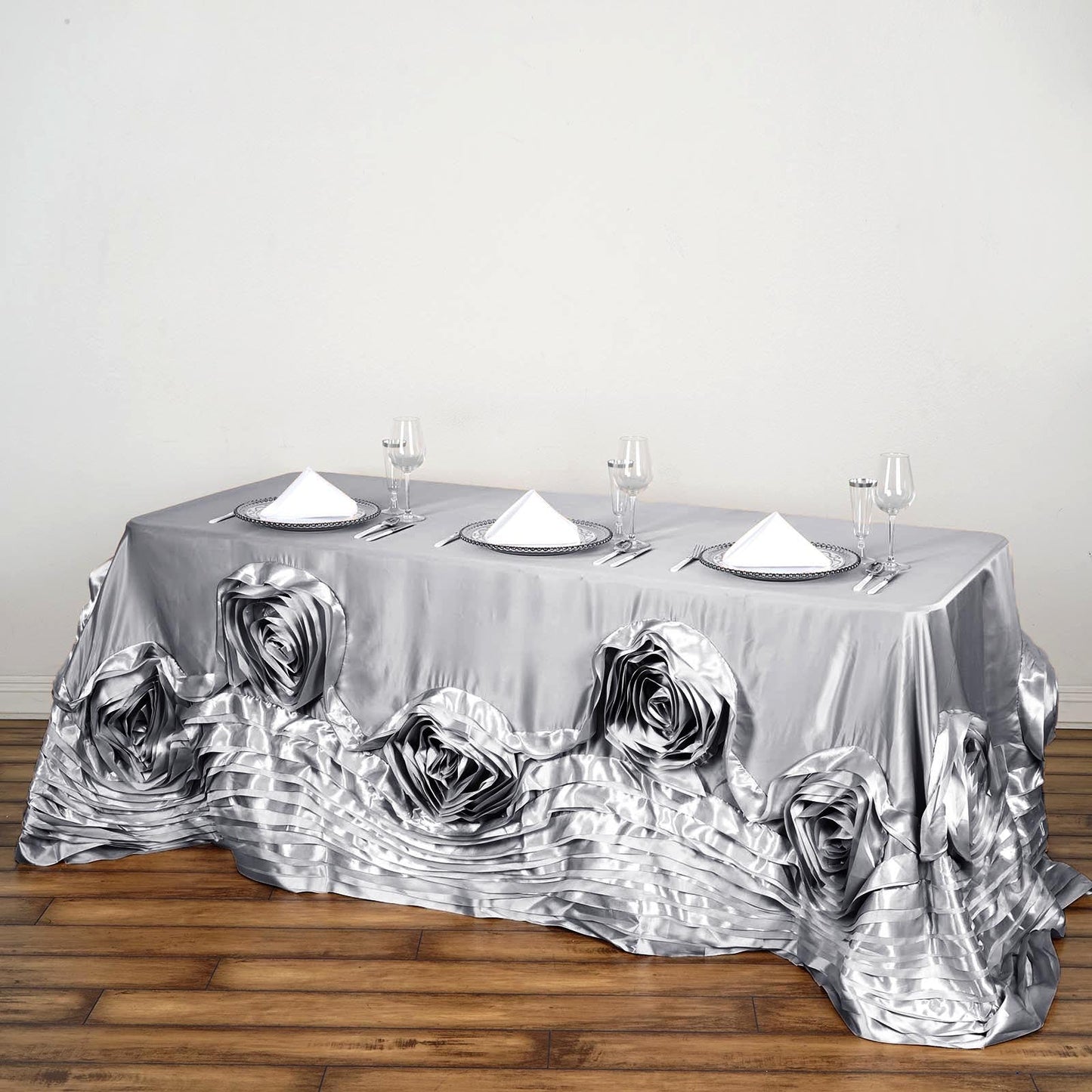 Silver Seamless Large Rosette Rectangular Lamour Satin Tablecloth 90"x132"