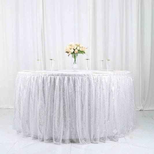 Sparkly Silver Sequin Pleated Satin Table Skirt With Top Velcro Strip 17ft
