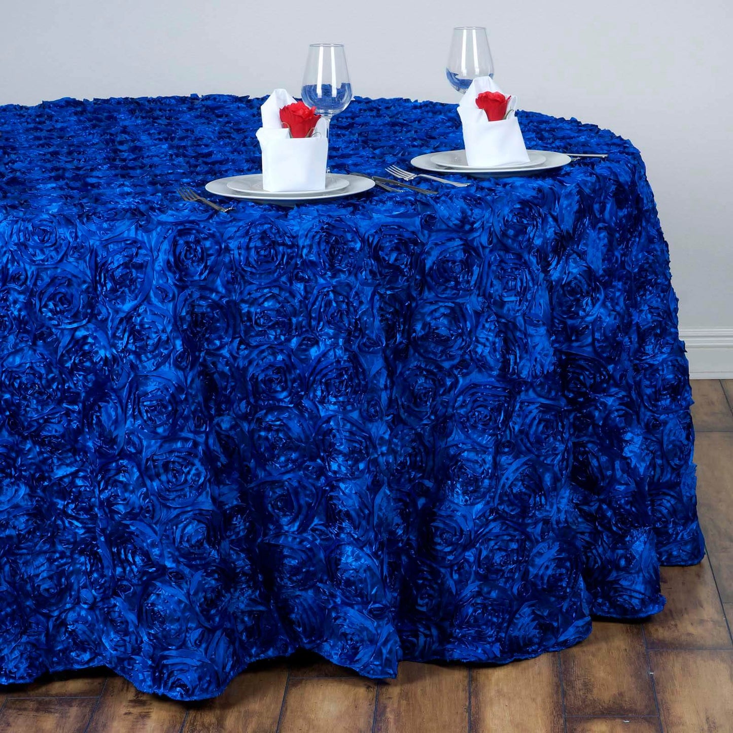 Royal Blue Seamless Grandiose Rosette 3D Satin Round Tablecloth 132"