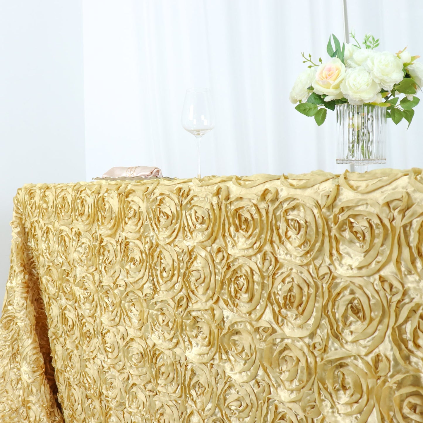 Champagne Seamless Grandiose Rosette 3D Satin Rectangle Tablecloth 90"x156"
