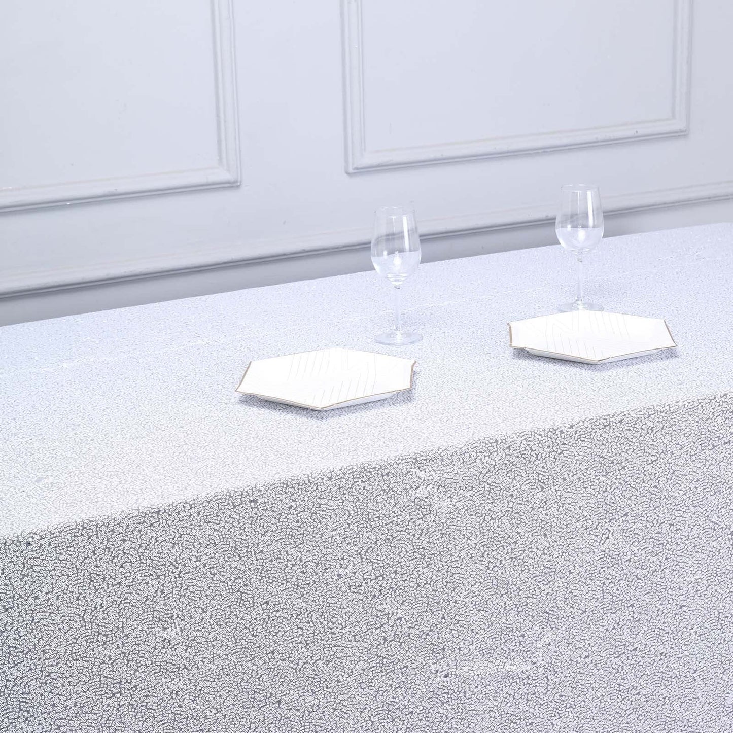 White Seamless Premium Sequin Rectangle Tablecloth 90x156"