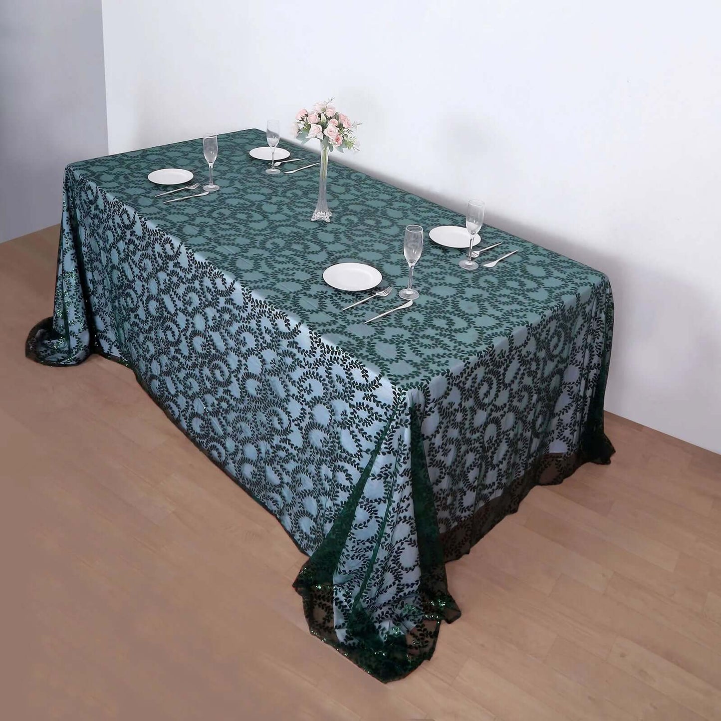 Hunter Emerald Green Sequin Leaf Embroidered Tulle Rectangular Tablecloth 90"x156"