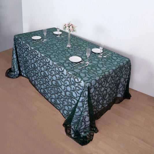 Hunter Emerald Green Sequin Leaf Embroidered Tulle Rectangular Tablecloth 90"x156"