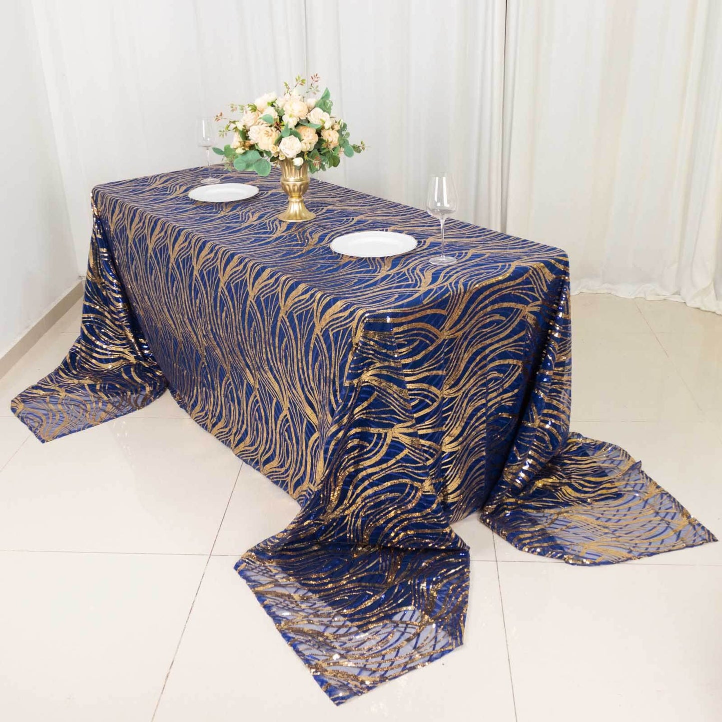 90"x156" Royal Blue Gold Wave Mesh Rectangular Tablecloth With Embroidered Sequins