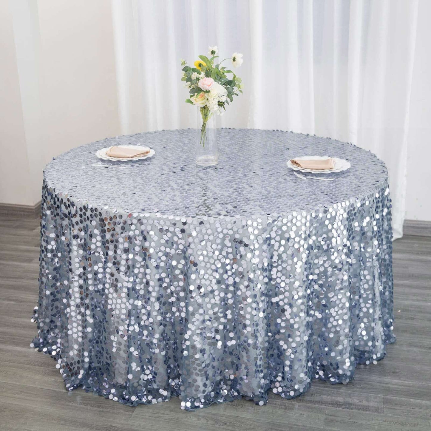 Dusty Blue Seamless Big Payette Sequin Round Tablecloth Premium Collection 120"