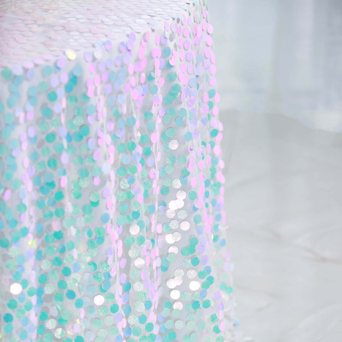 Iridescent Blue Seamless Big Payette Sequin Round Tablecloth Premium Collection 120"