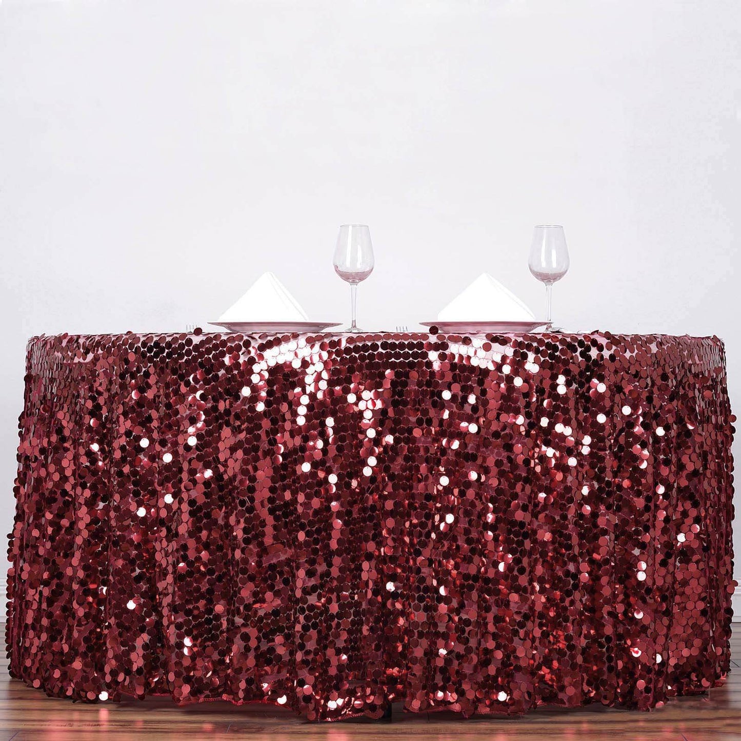 Burgundy Seamless Big Payette Sequin Round Tablecloth Premium Collection 120"