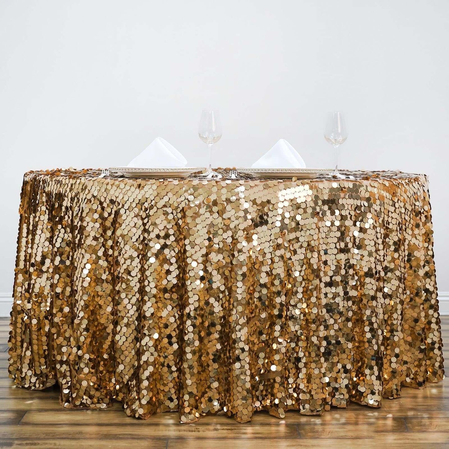 Gold Seamless Big Payette Sequin Round Tablecloth Premium Collection 120"