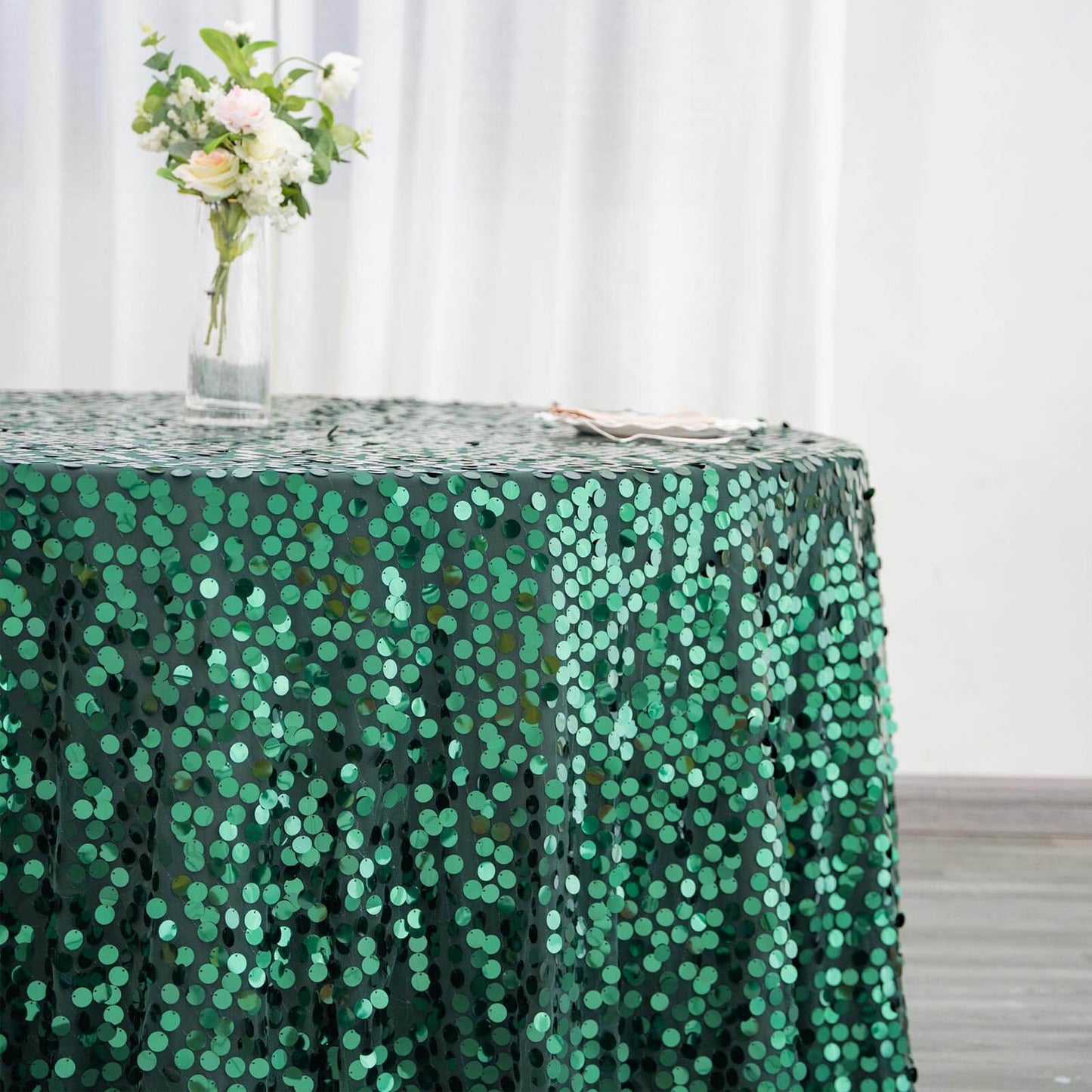 Hunter Emerald Green Seamless Big Payette Sequin Round Tablecloth Premium Collection 120"