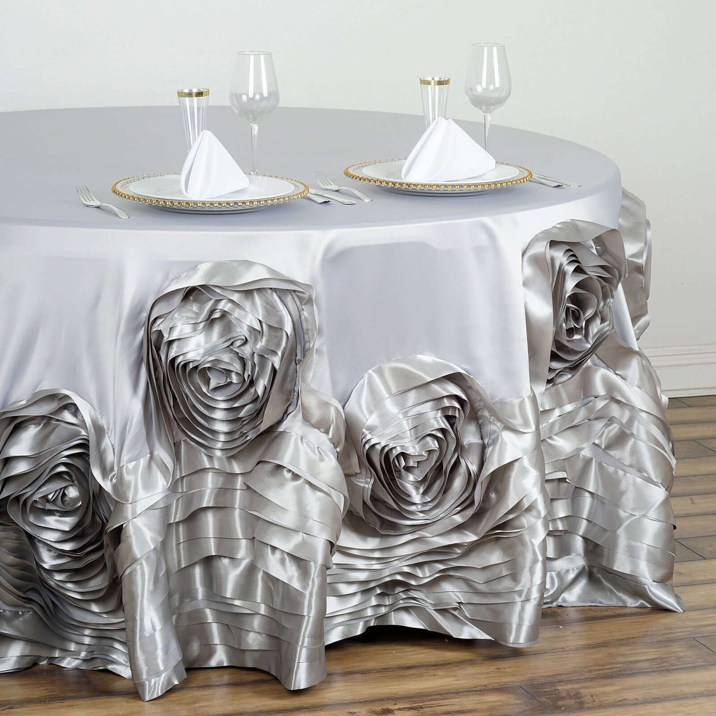 Silver Seamless Large Rosette Round Lamour Satin Tablecloth 120"