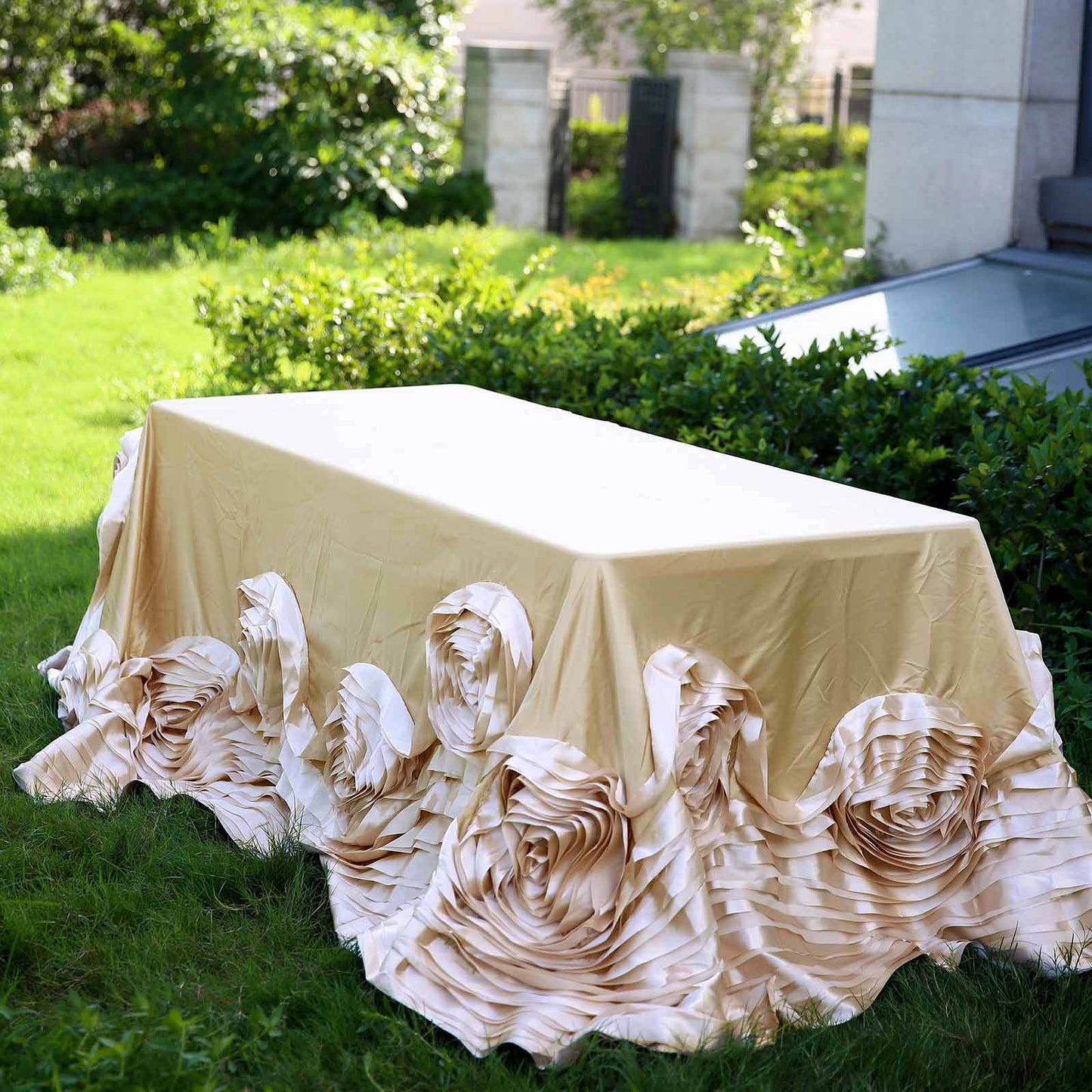Champagne Seamless Large Rosette Rectangular Lamour Satin Tablecloth 90"x132"
