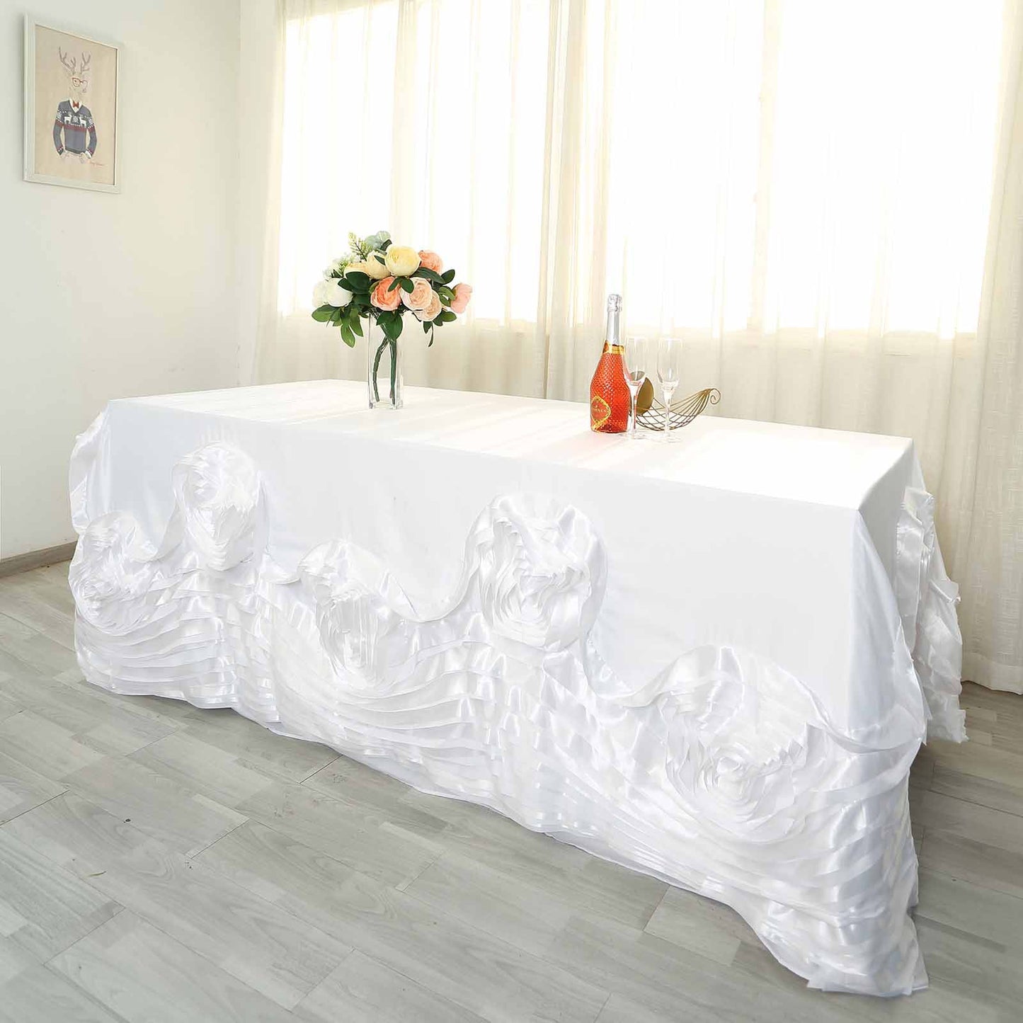 White Seamless Large Rosette Rectangular Lamour Satin Tablecloth 90"x156"