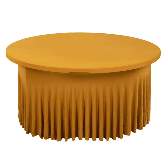 5ft Gold Wavy Spandex Fitted Round 1-Piece Tablecloth Table Skirt, Stretchy Table Cover with Ruffles