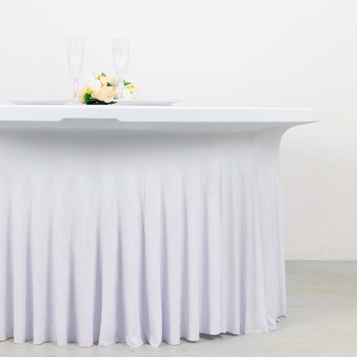 5ft White Wavy Spandex Fitted Round 1-Piece Tablecloth Table Skirt, Stretchy Table Cover with Ruffles