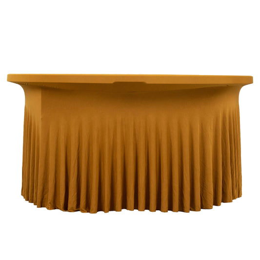 6ft Gold Wavy Spandex Fitted Round 1-Piece Tablecloth Table Skirt, Stretchy Table Cover with Ruffles