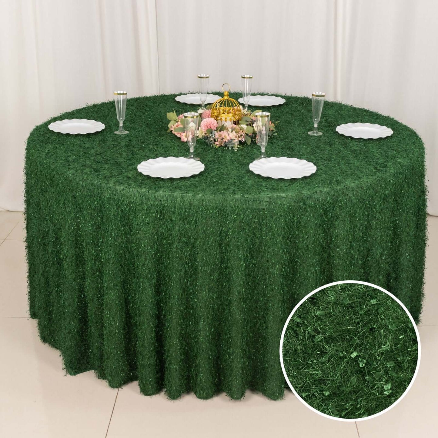 Green Fringe Shag Polyester Round Tablecloth 120"