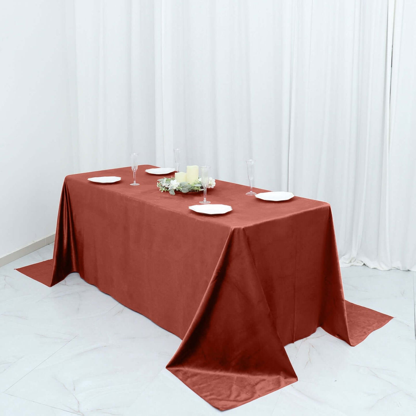 90"x132" Terracotta (Rust) Seamless Premium Velvet Rectangle Tablecloth, Reusable Linen