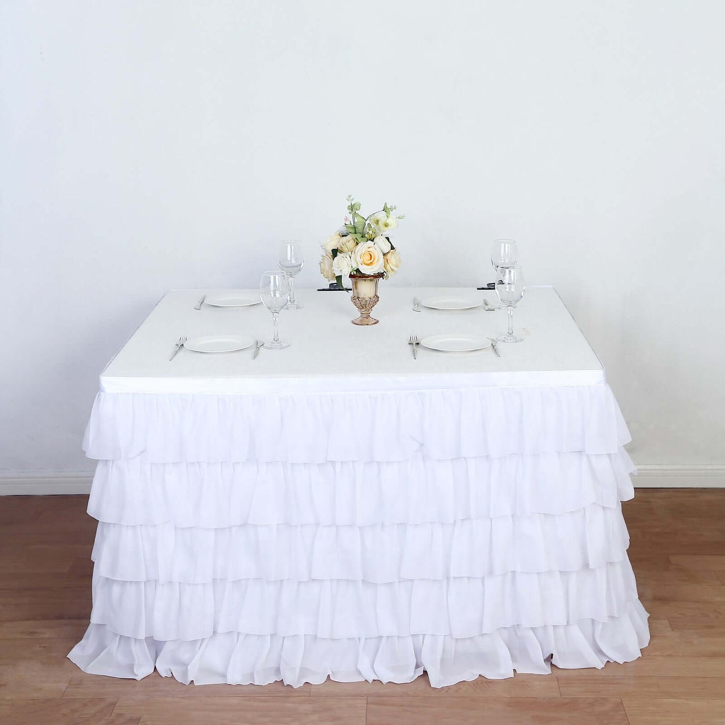 14ft 5-Tier White Chiffon Ruffled Tutu Table Skirt with Satin Backing