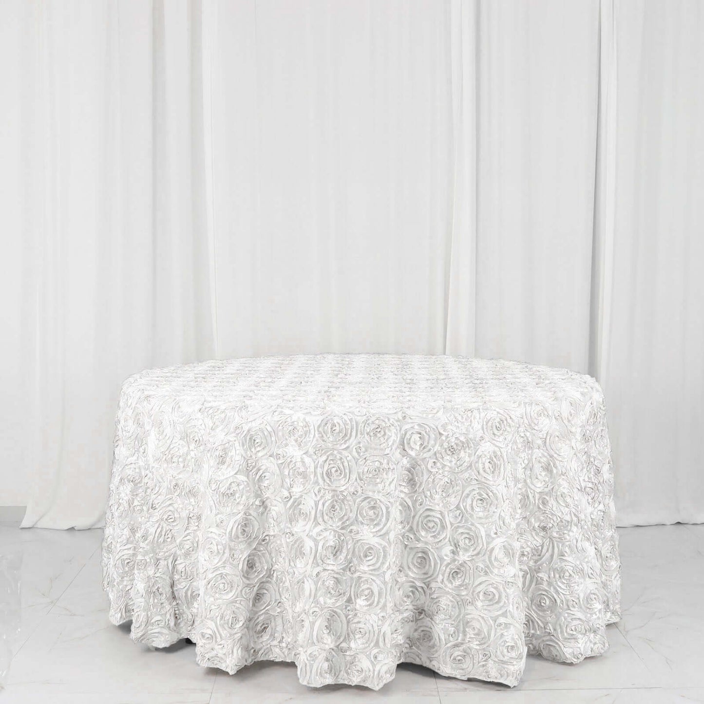 White Seamless Grandiose 3D Rosette Satin Round Tablecloth 120"