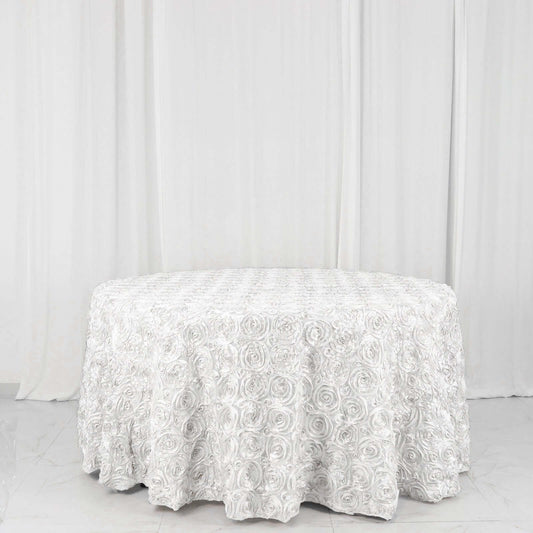 White Seamless Grandiose 3D Rosette Satin Round Tablecloth 120"