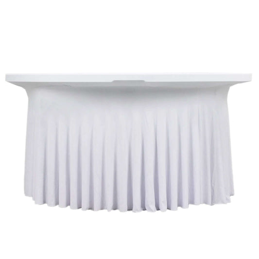 6ft White Wavy Spandex Fitted Round 1-Piece Tablecloth Table Skirt, Stretchy Table Cover with Ruffles