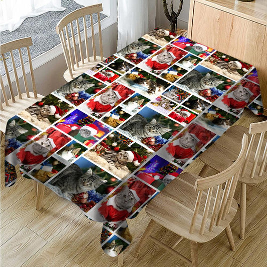 Merry Christmas Kitty Tablecloth, New Year Tablecloth Table Cover, Washable Table Cloths for Dinner, Parties, Holiday Decorations