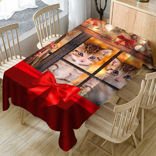 Christmas Cat Tablecloth, New Year Tablecloth Table Cover, Washable Table Cloths for Dinner, Parties, Holiday Decorations