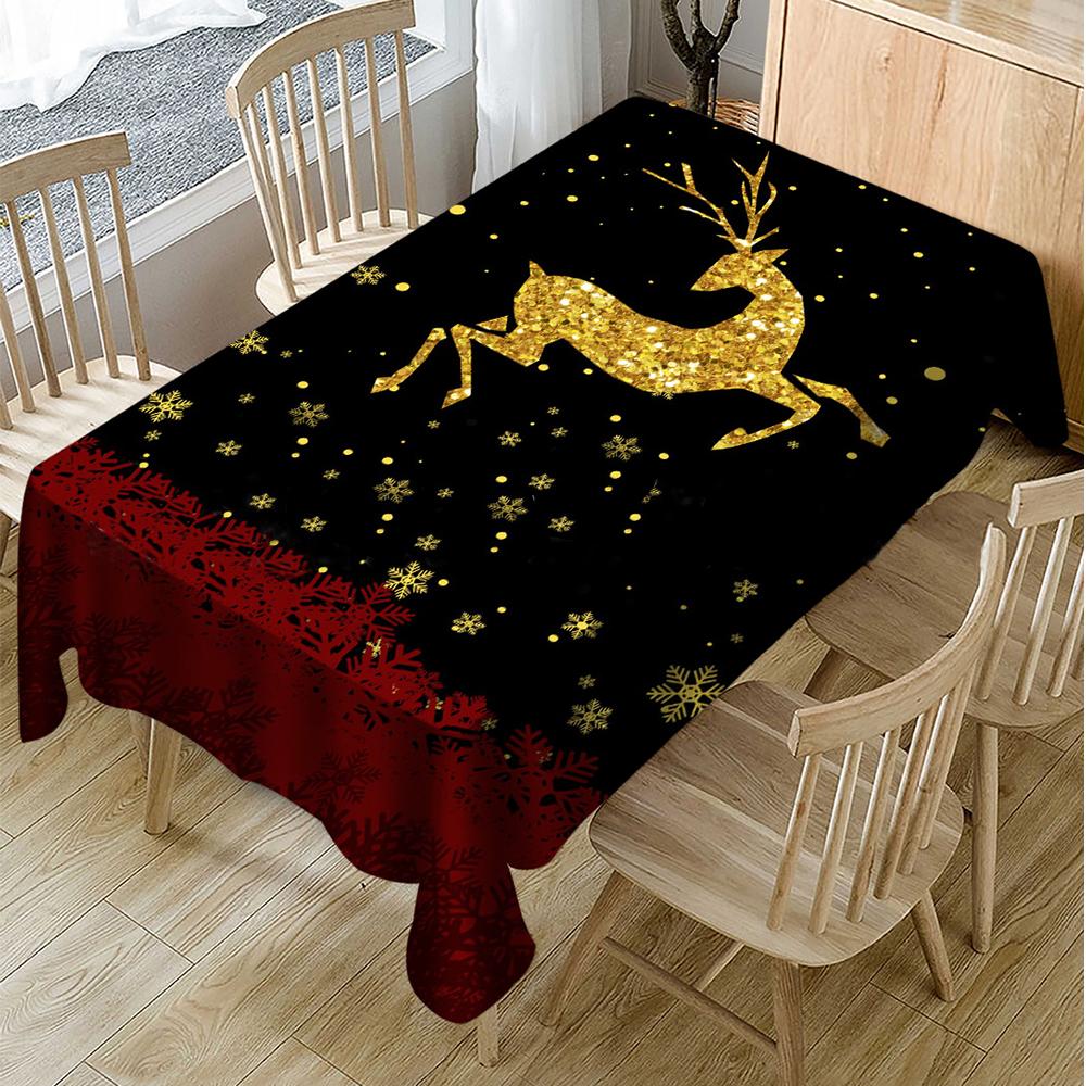 Golden Reindeer Christmas Tablecloth, New Year Tablecloth Table Cover, Washable Table Cloths for Dinner, Parties, Holiday Decorations