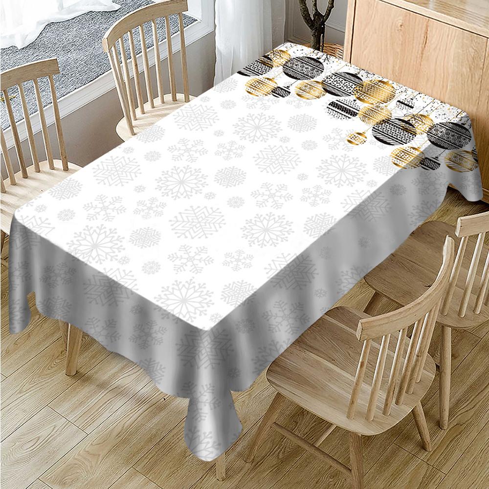 Christmas Balls and Snowflakes Tablecloth, New Year Tablecloth Table Cover, Washable Table Cloths for Dinner, Parties, Holiday Decorations