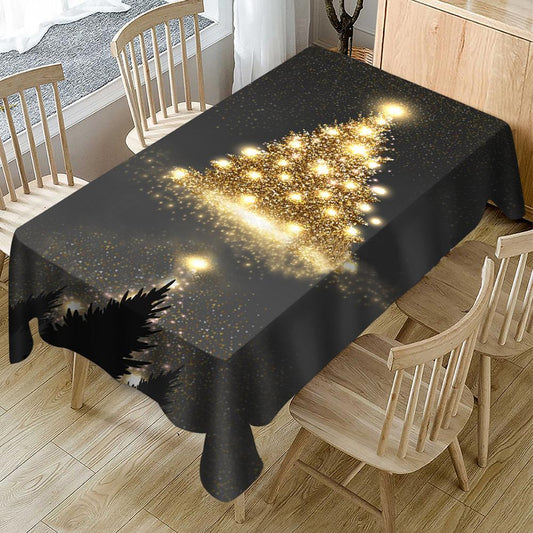 Golden Christmas Tree Tablecloth, New Year Tablecloth Table Cover, Washable Table Cloths for Dinner, Parties, Holiday Decorations